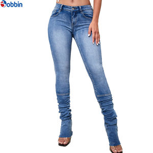 Jean décontracté pour femme, taille haute, en denim bleu délavé, extensible, coupe skinny, personnalisé, évasé et empilé, grandes tailles - Product Image 2