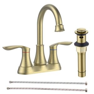 Accessoires de robinetterie de salle de bain : Robinet de lavabo 4 pouces en or brossé, avec bec pivotant à 360 degrés, double poignée, siphon de vidange et flexibles d'alimentation, montage central - Product Image 1