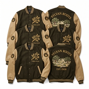 Chaqueta universitaria al por mayor verde bosque con cuerpo de lana y mangas de cuero marrón óxido, estilo Letterman River Osier Basket Weaver Wicker - Product Image 4