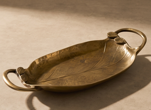 Luxury Nature Inspired Leaf Shaped Metal Serving <b>Tray</b> Antique <b>Gold</b> Platter With Handle Accents <b>Coffee</b> <b>Table</b> Centerpiece Bulk - Product Image 2