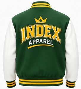 Veste de baseball en laine brodée verte et blanche pour homme Index Apparel, avec manches contrastées et boutons-pression - Product Image 2