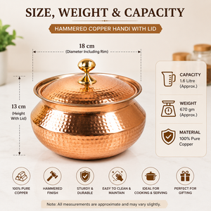 100% Pure Copper Hammered Handi <b>Pot</b> with Lid 1.6L Traditional Indian Cooking Serving Bowl Cookware <b>for</b> Hotel Restaurant Catering - Product Image 5