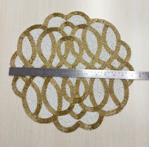 Gold Interlocking Lattice <b>Beaded</b> <b>Placemat</b> Scalloped White Gold Table Decor Luxury Boutique Wholesale Artistry By PR India - Product Image 3