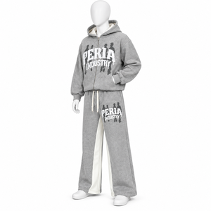 Ensemble survêtement gris imprimé avec sweat à capuche zippé et pantalon de survêtement long et ample – Tenue décontractée streetwear et de détente - Product Image 4