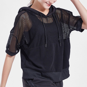 Custom Cropped Hoodie Mesh <b>Fishnet</b> Sheer Women Hoody Tops Crop Terry Fleece Casual Yoga Jogging Casual Activewear Hoodies - Product Image 2