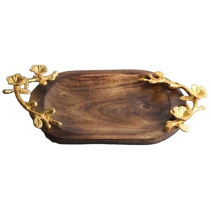 Luxury Handcrafted Eco-friendly Wedding for Wood Serving Tray <b>Decorative</b> Gold Floral Metal Handles Elegant Oval Shape for Home - Product Image 6