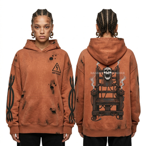 Sweat à capuche vintage 500 GSM épais orange rouille, effet déchiré personnalisé, motif tête de mort de chaise électrique, streetwear - Product Image 1