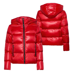 <b>Red</b> Hooded Puffer <b>Jacket</b> Unisex Casual Winter Coat Windproof Zipper Closure Short Length Solid Color Nylon Shell - Product Image 1