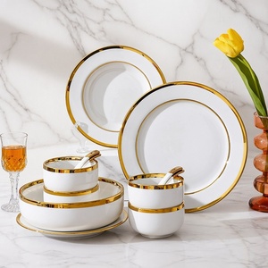 Polished White Ceramic Porcelain Dinnerware Set Two-tone Gold Rim Glossy Surface Bpa-free Luxurious Simplicity Leak-<b>proof</b> - Product Image 4