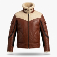 Veste en cuir marron cognac pour homme avec col en fourrure, empiècements contrastants, poche à rabat sur la manche, manteau d'hiver matelassé vert olive style aviateur