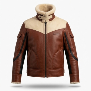 <b>Mens</b> Cognac Brown Cream Leather Jacket <b>Fur</b> Collar Contrast Yoke Sleeve Flap Pocket Olive Green Quilted Winter Aviator <b>Coat</b> - Product Image 1