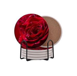 Magnifiques sets de sous-verres ronds en bois imprimés de roses rouges, 6 pièces, sous-verres de service en bois avec un magnifique motif floral imprimé - Product Image 1