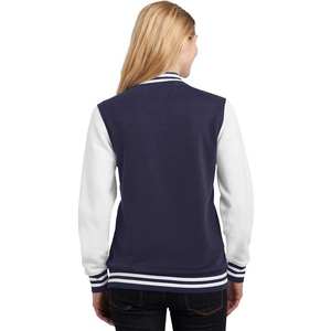 <b>Women's</b> Navy Blue Varsity <b>Jacket</b> With <b>White</b> Sleeves Full Length Button Up Collar Solid Color Contrast Design Autumn Wear - Product Image 6