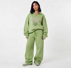 Ensemble de survêtement décontracté pour femme en molleton 100 % coton, coupe ample, avec taille mi-cordon, idéal pour l'hiver et le streetwear - Product Image 1