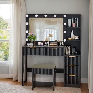 Set Toeletta con 5 Cassetti e 2 Ripiani, Finitura Melaminica Nera, in Truciolato, con 11 Lampadine Tricolore e Multipresa, per Trucco - Product Image 4