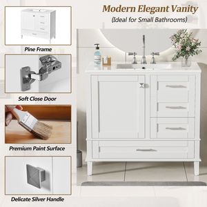 36-Inch Modern White Bathroom Vanity Storage <b>Cabinet</b> Solid <b>Pine</b> Frame with 1 Soft-Close Door and 3 Drawers Series W - Product Image 5