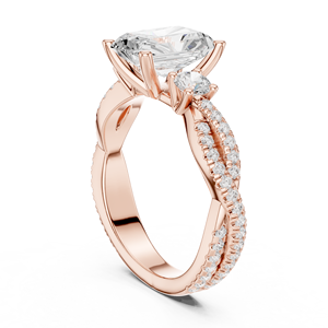Bague de fiançailles en or rose avec diamant de laboratoire taille radiant, pavé torsadé, trois pierres, pour femme - Product Image 3