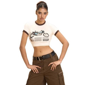 Camiseta Corta para Mujer, Cuello Redondo, Estampado de Motocicleta, Corte Ajustado, Informal, de Algodón Jersey, para Primavera/Verano, Estilo Urbano - Product Image 1