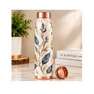 Decorative Pure <b>Copper</b> <b>Water</b> <b>Bottle</b> With Gold Floral Design Portable Travel Drinkware - Product Image 5