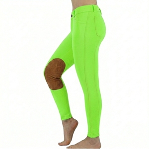 Pantalones de Montar para Mujer de Cintura Alta en Verde Neón con Parches Marrones en las Rodillas, Largos, Elásticos en Cuatro Direcciones, de Spandex y Nailon - Product Image 1