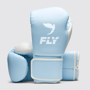 ถุงมือชกมวยคุณภาพพรีเมียม Superlace X Fly หนังแท้ 100% สีฟ้าขาว สายรัดสีขาว สำหรับฝึกซ้อมและแข่งขันในยิม - Product Image 1
