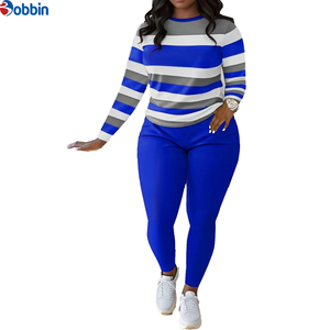 High Quality Women's Casual Knit Long Sleeve 2 <b>Pc</b> <b>Sets</b>-T-Shirt and Pants for Autumn Stretch Stripe Design Custom Tracksuits - Product Image 3