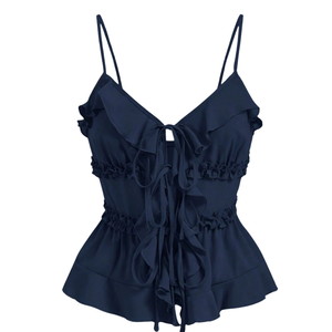 Débardeur ajusté pour femme, uni, tissé, respirant, à volants, à bretelles spaghetti, avec nœud sur le devant et basque, sans manches, pour le quotidien et la mode estivale - Product Image 3