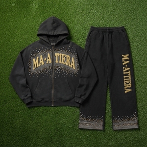 Conjunto de Sudadera con Capucha y Pantalones Deportivos Personalizados para Hombre, con Pedrería Negra, Cierre de Cremallera, Felpa de Algodón, Ropa Deportiva Urbana, Venta al Por Mayor OEM - Product Image 6