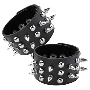Adjustable Black PU Leather Bracelet Set with Spikes, Studs, Chains, Beaded Wrap, Rivet Design Fashion Wrist <b>Accessories</b> - Product Image 1
