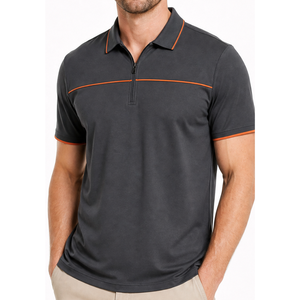 Custom Men Quarter Zip <b>Polo</b> Shirt dark Grey <b>Orange</b> Piping Short Sleeve shirt Breathable quick Dry regular fit shirt - Product Image 1