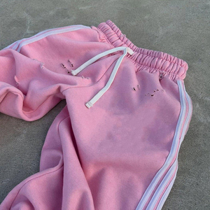 Conjunto de Sudadera con Capucha y Pantalones Anchos de Chándal para Hombre, Estilo Y2K, Vintage, Rosa, Desgastado, con Ribete de Piel Sintética y Cremallera Completa, Marca Glory - Product Image 5