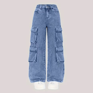 Jean cargo baggy taille mi-haute Y2K pour femme, bleu délavé, coupe large, style skater streetwear hip-hop, multi-poches, techwear - Product Image 1