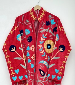 Handmade <b>Velvet</b> Suzani Embroidered Quilted Breathable Eco-Friendly Cotton Lining Long Winter <b>Jacket</b> <b>Women</b> Floral Bohemian Indian - Product Image 2