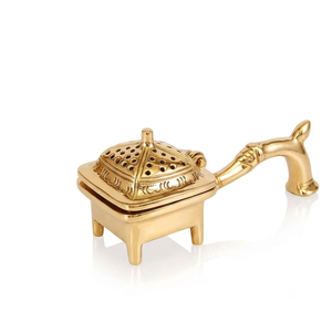 Brûleur d'encens carré en laiton à quatre pieds, support métallique pour Dhoop, encensoir portatif pour charbon et Bakhoor, brûleur d'aromathérapie avec couvercle - Product Image 1
