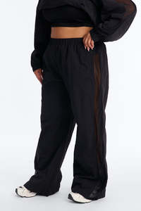 Womens Wide Leg Mesh Panel Track Pants High Waist Casual Streetwear Drawstring Black Pants men's pants - Product Image 5