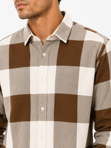 Brown Beige Checkered <b>Plaid</b> <b>Shirt</b> for Men with Long Sleeves Classic Spread Collar Button Front Closure Regular Fit Casual Wear - Product Image 4