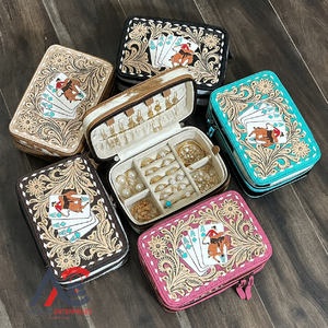 Hand <b>Tooled</b> Cow <b>Leather</b> Jewelry Packaging Portable Travel Case Jewelry Organizer Zipper Jewelry Box for Ring Earring Necklace - Product Image 1