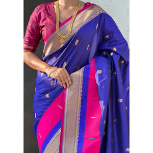 Sari en soie Paithani violet avec bordure en satin Muniya, élégant foulard traditionnel indien - Product Image 4