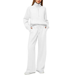 Women's White Cotton <b>Tracksuit</b> Full Length Loose Fit Half-Zip Sweatshirt With Drawstring Pants Side Pockets Casual Spring Wear - Product Image 6