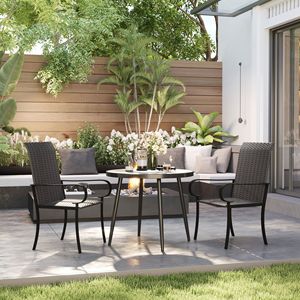 Set of 2 Brown Outdoor Wicker Dining Chairs with Armrest Steel <b>Frame</b> High Back and <b>Deep</b> Seating - Product Image 2