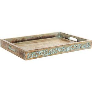 Handcrafted Carved Wooden Serving Tray Antique <b>Rustic</b> Decorative Wood Tray with Handles for <b>Coffee</b> <b>Table</b> & Ottoman Home Decor - Product Image 1