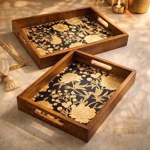 Waterproof Wooden Serving <b>Tray</b> Rectangle Shaped with Floral Sticker Design for Dinning <b>Table</b> Home and Office Multipurpose Usage - Product Image 5