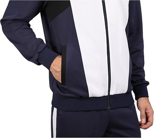 Ensemble de jogging d'hiver décontracté pour hommes |   Ensemble deux pièces bleu marine avec veste à empiècements blancs audacieux et pantalon rayé, respirant et léger - Product Image 3