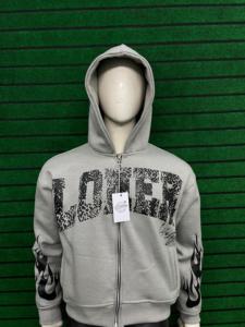 Sudadera con capucha gris con cremallera y estampado de llamas en las mangas, diseño urbano, corte regular, algodón French Terry, para hombre, diseño del fabricante - Product Image 4