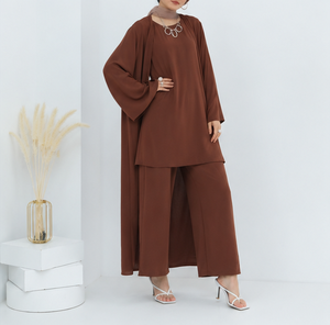 Conjunto de 3 piezas de ropa musulmana modesta para mujer: Abaya abierta, cárdigan, túnica larga y pantalones de pierna ancha. Ropa islámica. - Product Image 4