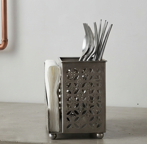 Organisateur de couverts moderne en acier inoxydable avec distributeur de serviettes, support de rangement creux pour cuillères, fourchettes et couteaux - Product Image 2