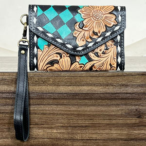 New Arrival Tooled Leather Wallet Checkered Pattern Cowgirl <b>Wristlet</b> Wallet Boutique Clutch Purses RFID Card Holder Organizer - Product Image 4