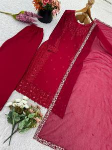 Salwar Kameez Traditionnel de Créateur pour Soirée - Ensemble Haut-Plazzo et Dupatta avec Broderies Lourdes - Tenue de Mariage Élégante à Séchage Rapide - Product Image 6