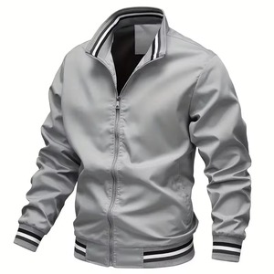 <b>Grey</b> Bomber <b>Jacket</b> Full Sleeve Zipper Closure Stand Collar Solid Color Polyester Woven Memory Fabric <b>Waterproof</b> Lightweight - Product Image 2