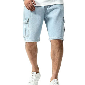 Shorts cargo bleu clair pour homme, taille mi-haute, élastique, respirant, style bermuda décontracté avec plusieurs poches, couleur unie, tissu en coton - Product Image 6